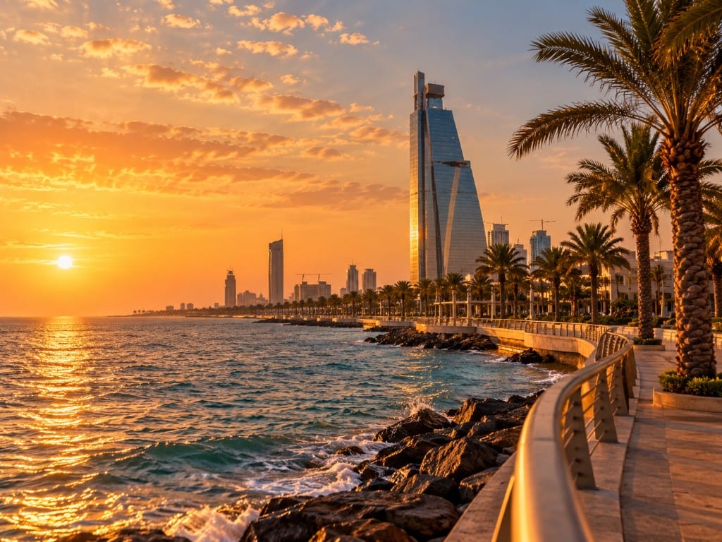 Corniche de Djeddah sur la mer Rouge au coucher du soleil